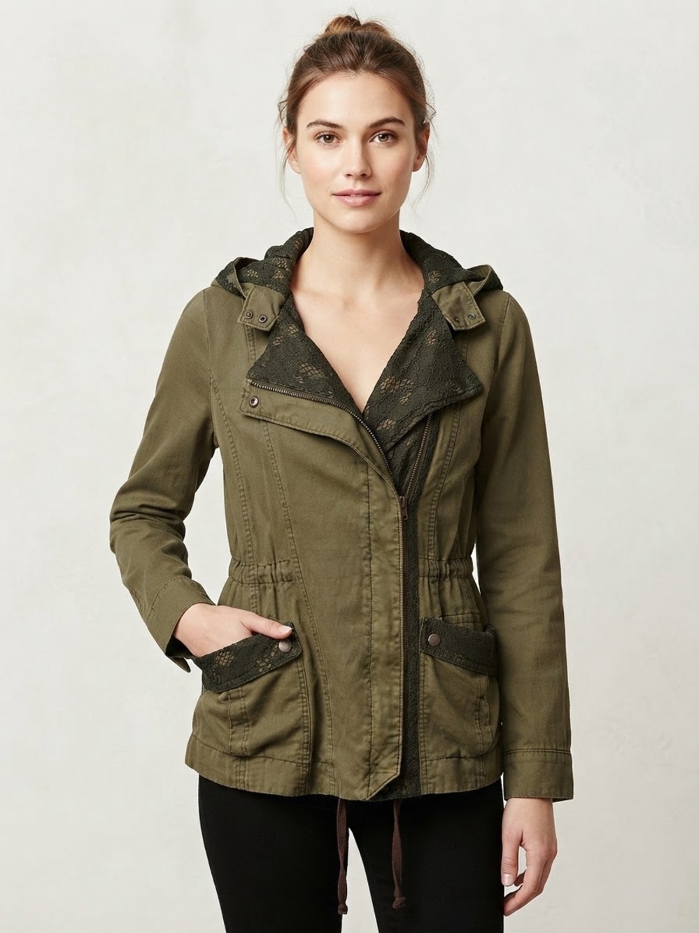 Anthropologie HEI HEI Olive Green Lace Trim Utility Anorak Parks size Medium